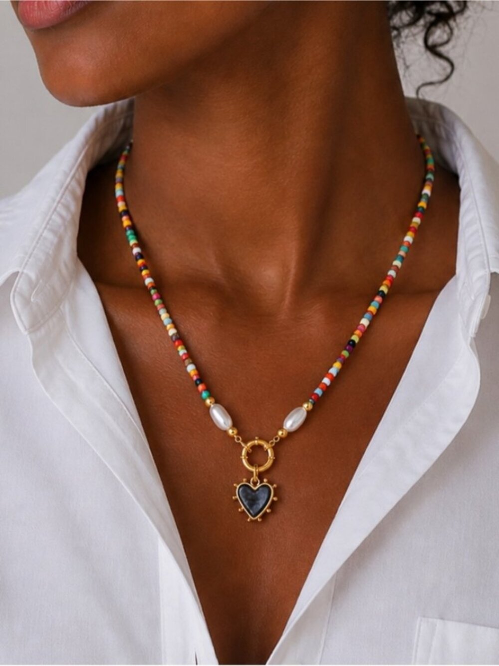 New! Y2K Colorful Beaded Heart Charm Necklace NWOT